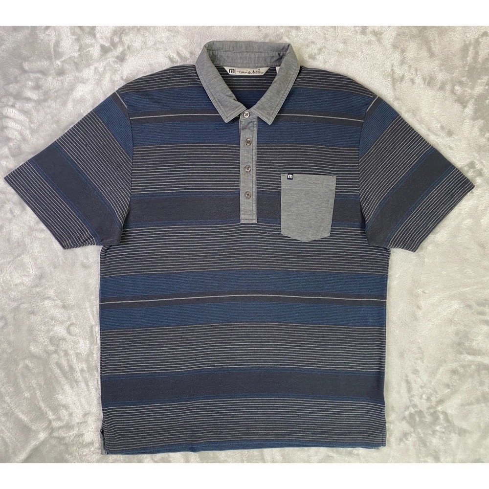 Travis Mathew Polo Shirt Mens Large Blue Grey Striped Pocket Golf Casual Top